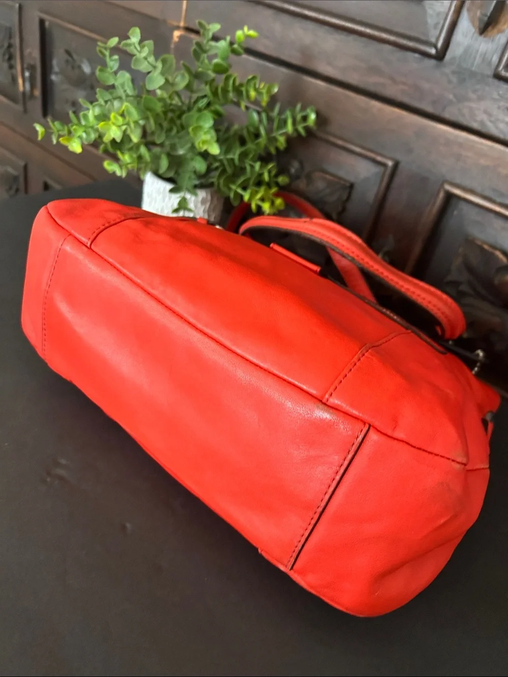 Coach Orange-Red Leather Shoulder Tote with Front Zip Pocket
